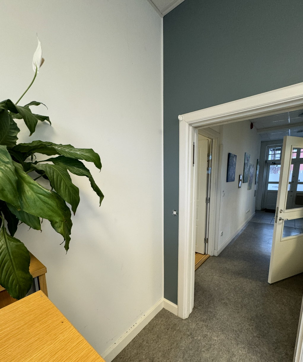 Nymålad kontorskorridor med ljus vägg i kontrast mot en mörkgrön fondvägg och vit dörrkarm  stilren färgsättning i modern arbetsmiljö